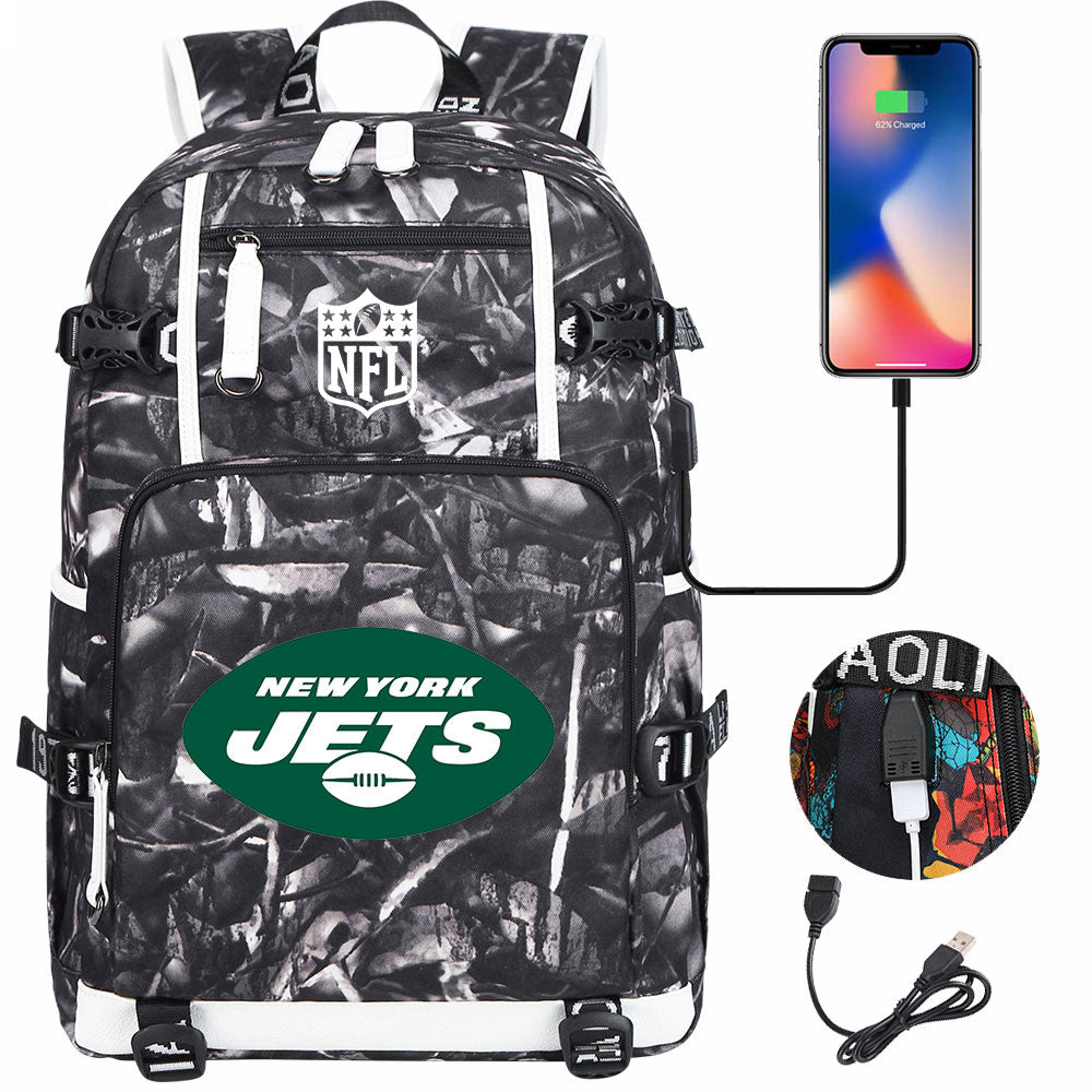 New York Jets Football Team USB Charging Backpack School Notebook Travel Bags