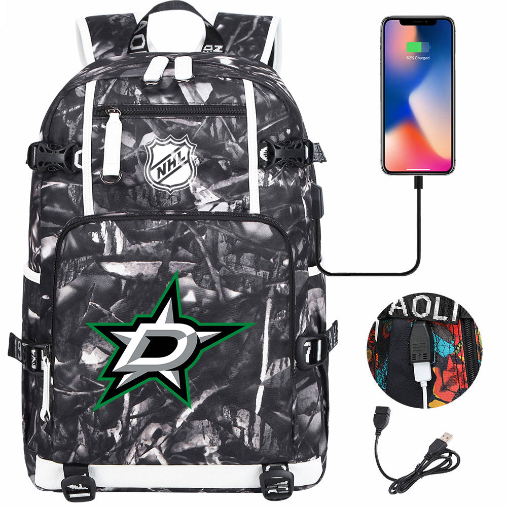 Dallas Stars Hockey League USB Charging Backpack School Notebook Travel Bags