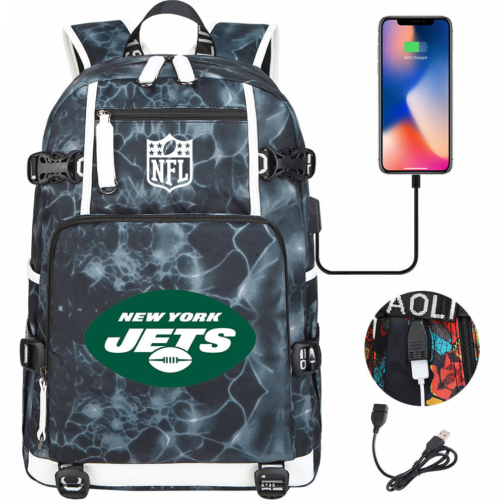 New York Jets Football Team USB Charging Backpack School Notebook Travel Bags