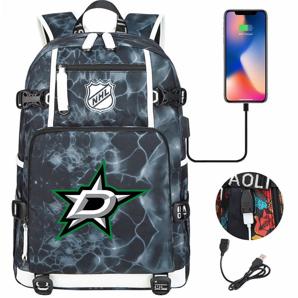 Dallas Stars Hockey League USB Charging Backpack School Notebook Travel Bags