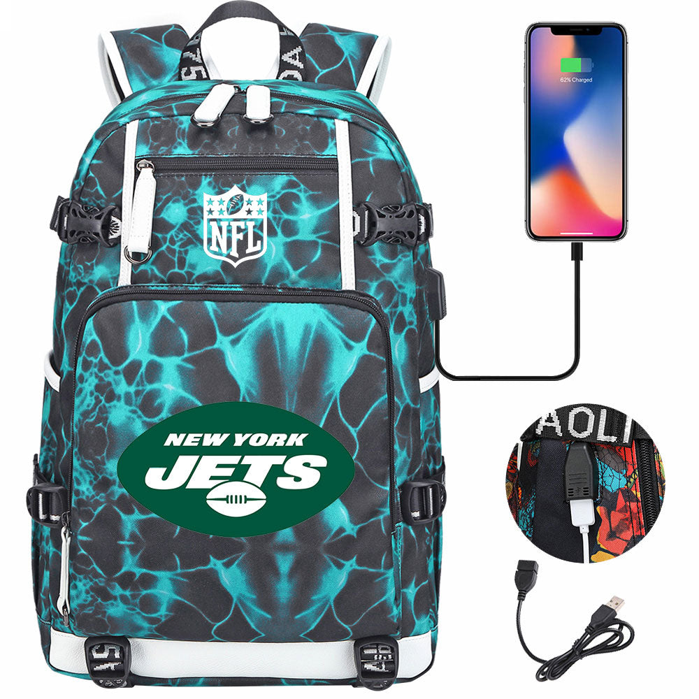 New York Jets Football Team USB Charging Backpack School Notebook Travel Bags