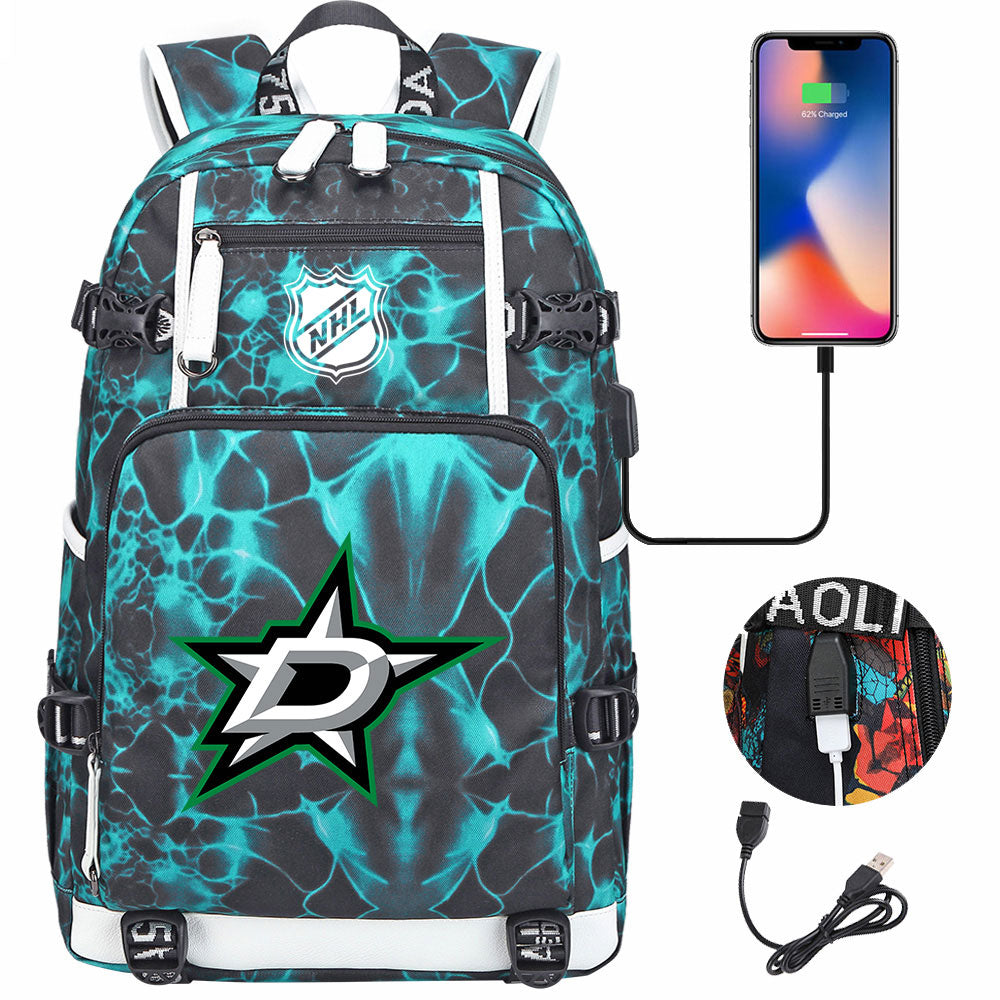 Dallas Stars Hockey League USB Charging Backpack School Notebook Travel Bags