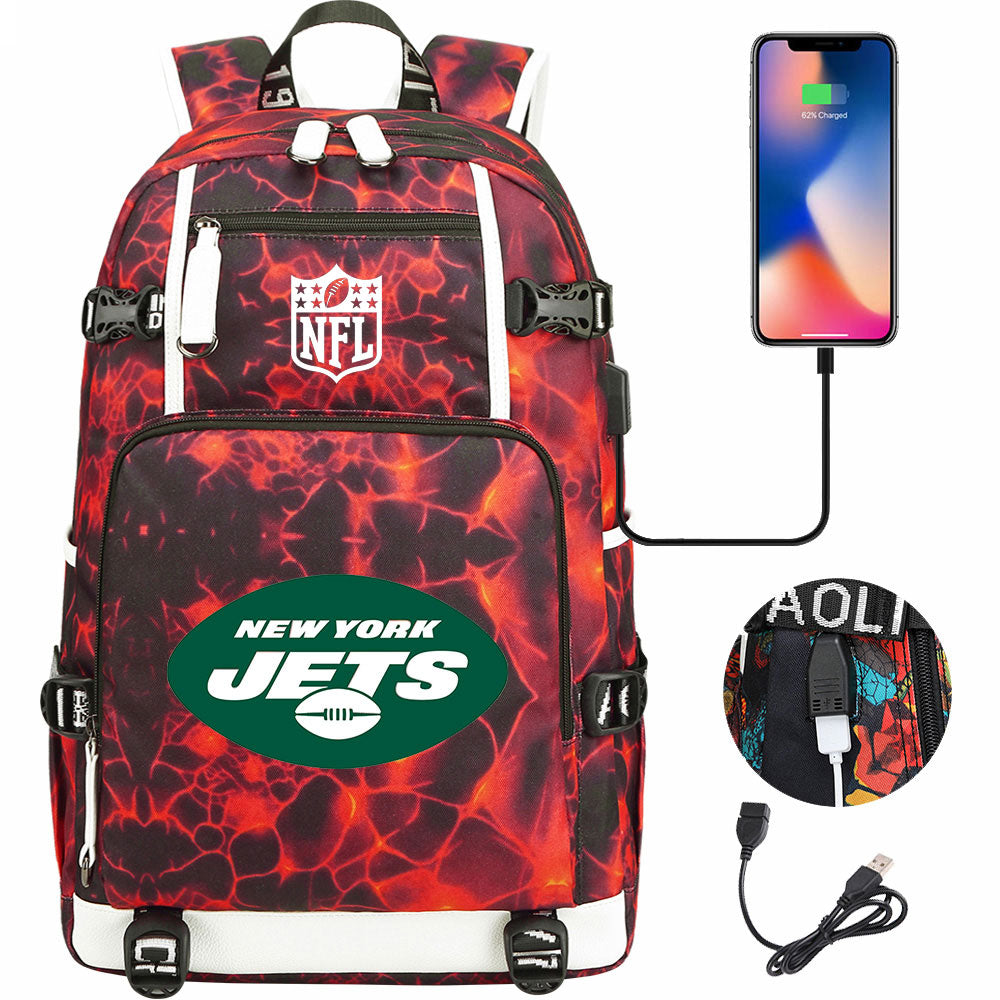 New York Jets Football Team USB Charging Backpack School Notebook Travel Bags