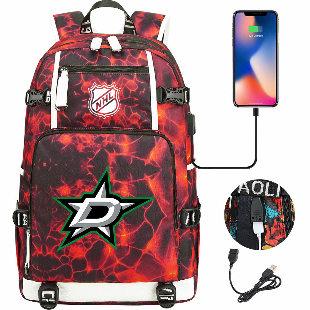 Dallas Stars Hockey League USB Charging Backpack School Notebook Travel Bags