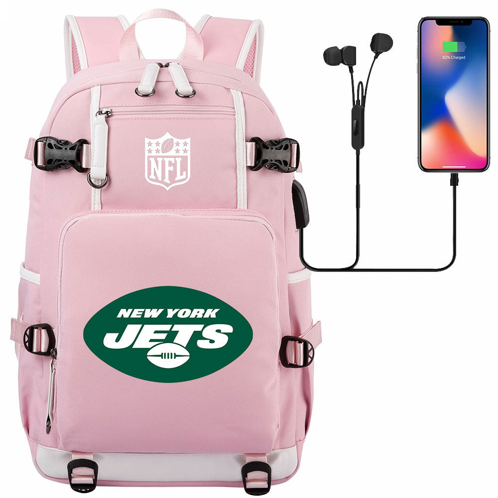 New York Jets Football Team USB Charging Backpack School Notebook Travel Bags