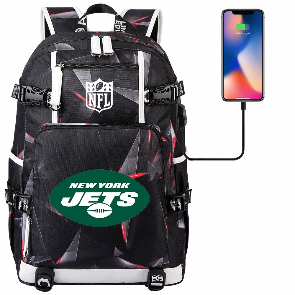 New York Jets Football Team USB Charging Backpack School Notebook Travel Bags