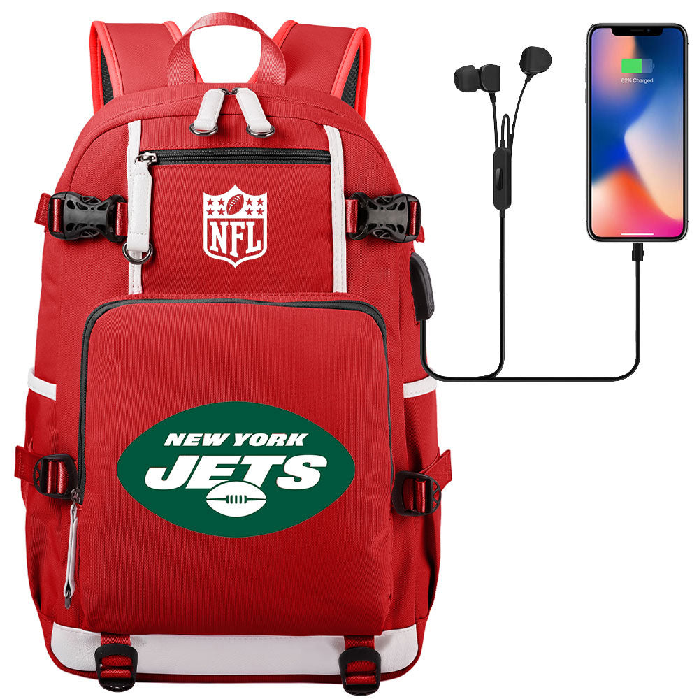 New York Jets Football Team USB Charging Backpack School Notebook Travel Bags