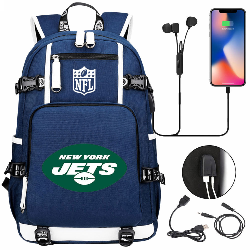 New York Jets Football Team USB Charging Backpack School Notebook Travel Bags