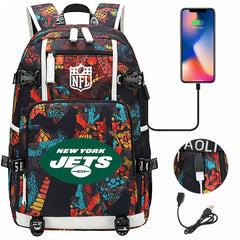 New York Jets Football Team USB Charging Backpack School Notebook Travel Bags