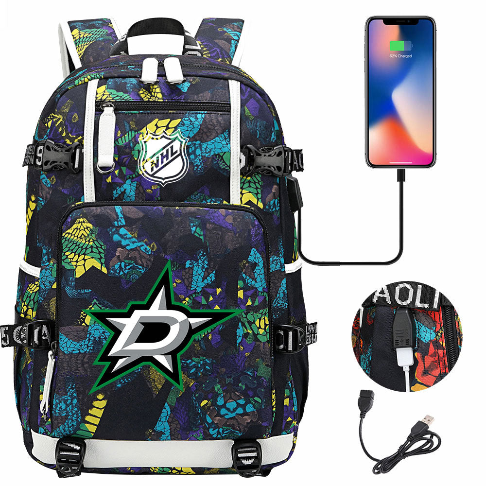 Dallas Stars Hockey League USB Charging Backpack School Notebook Travel Bags