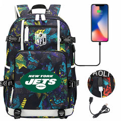 New York Jets Football Team USB Charging Backpack School Notebook Travel Bags