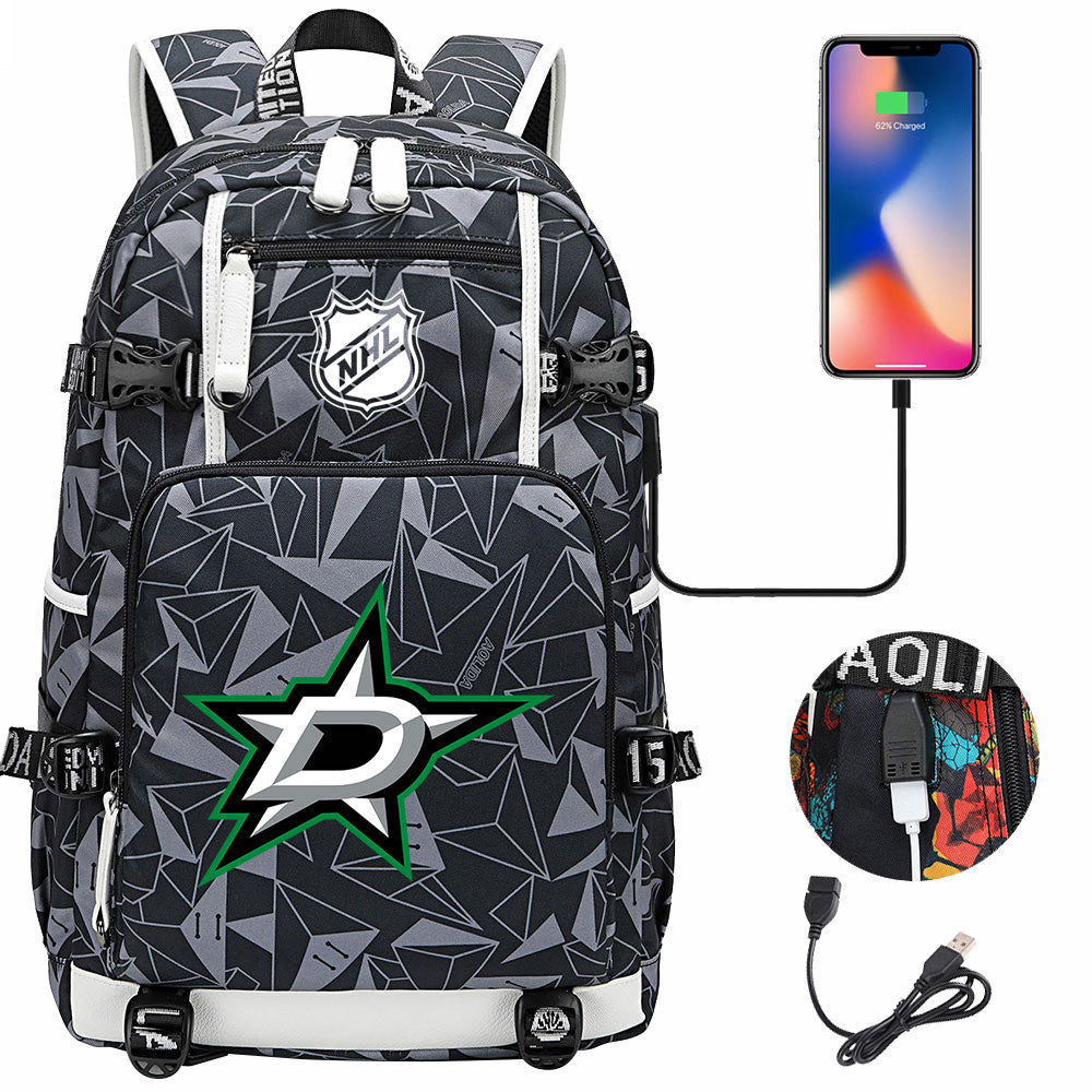 Dallas Stars Hockey League USB Charging Backpack School Notebook Travel Bags