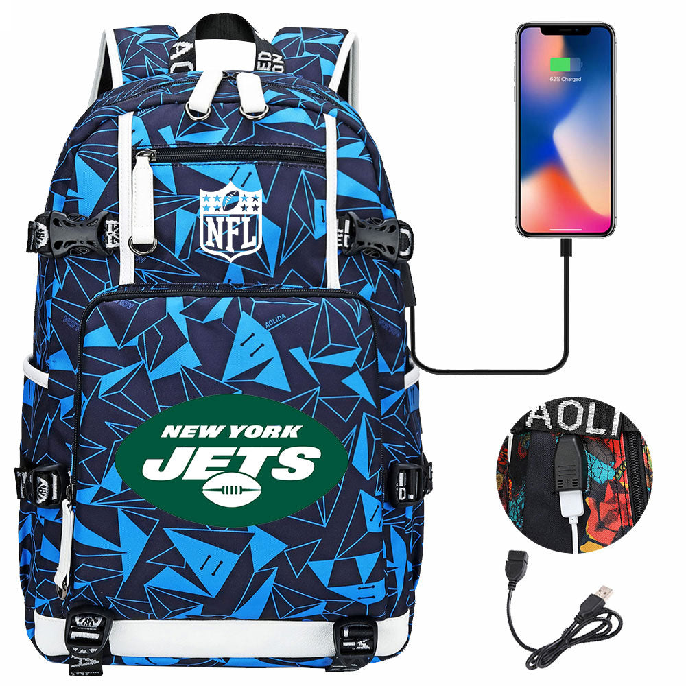 New York Jets Football Team USB Charging Backpack School Notebook Travel Bags