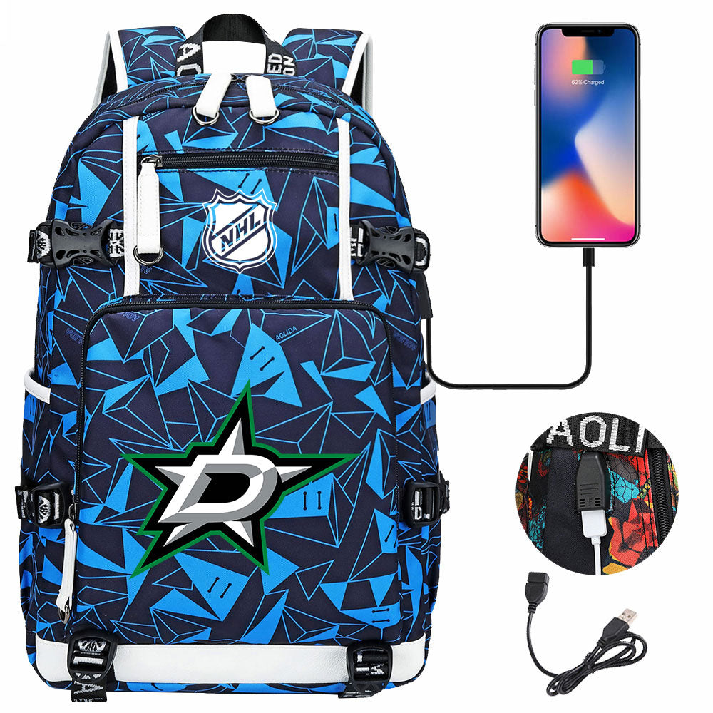 Dallas Stars Hockey League USB Charging Backpack School Notebook Travel Bags