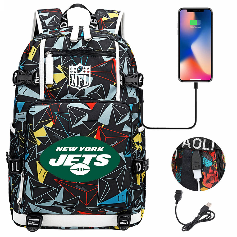 New York Jets Football Team USB Charging Backpack School Notebook Travel Bags