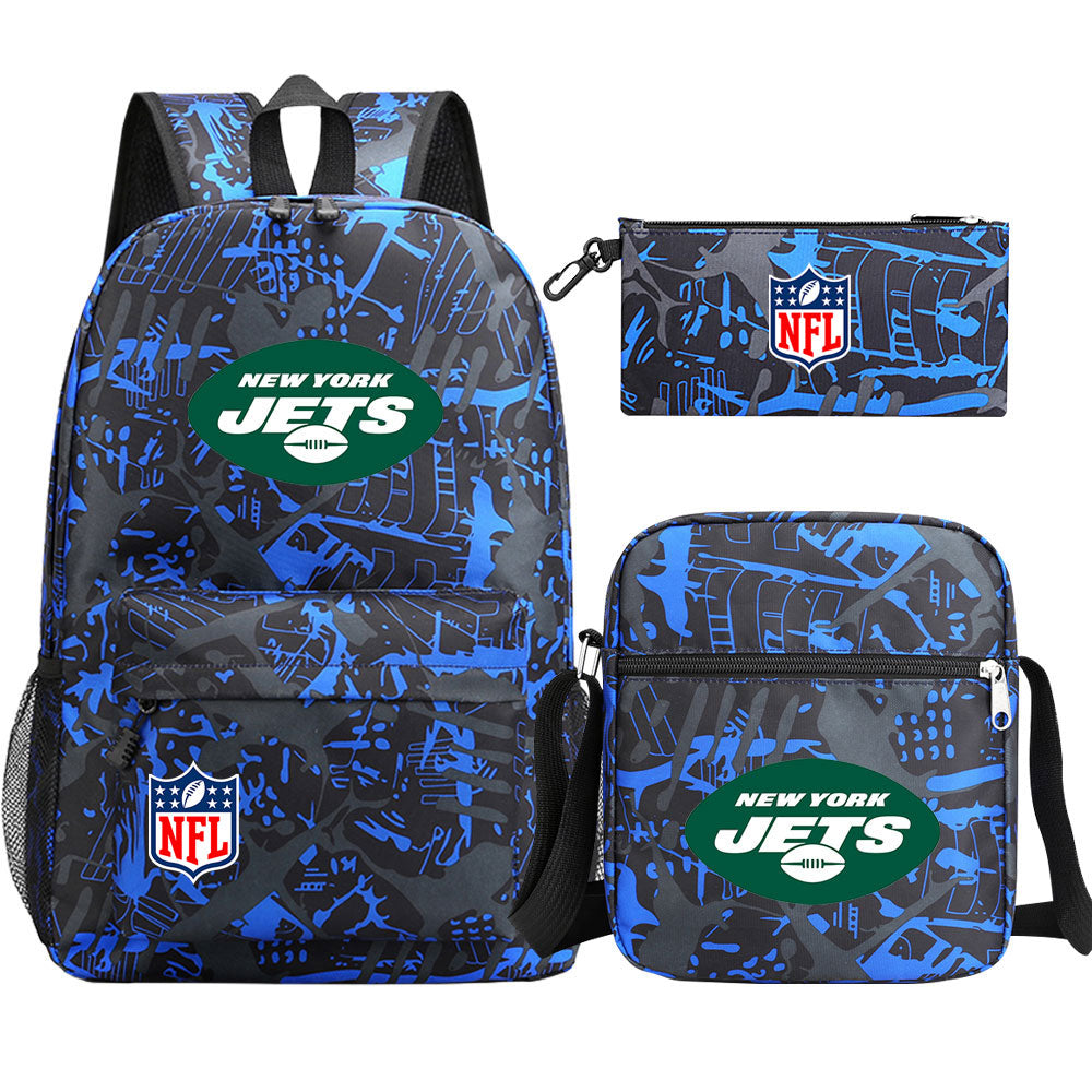 New York Jets Football Team Printed Schoolbag Backpack Shoulder Bag Pencil Bag 3pcs set for Kids Students