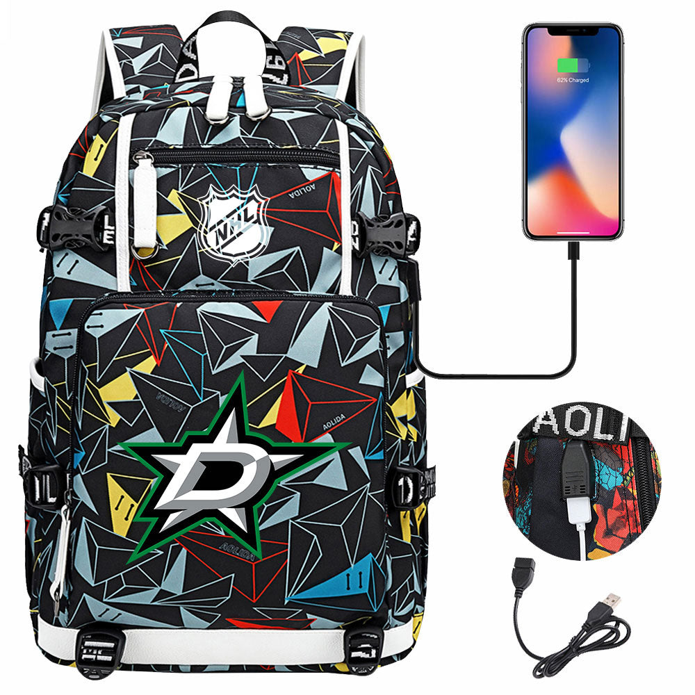 Dallas Stars Hockey League USB Charging Backpack School Notebook Travel Bags