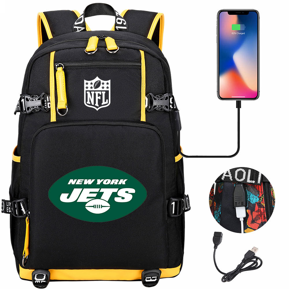 New York Jets Football Team USB Charging Backpack School Notebook Travel Bags