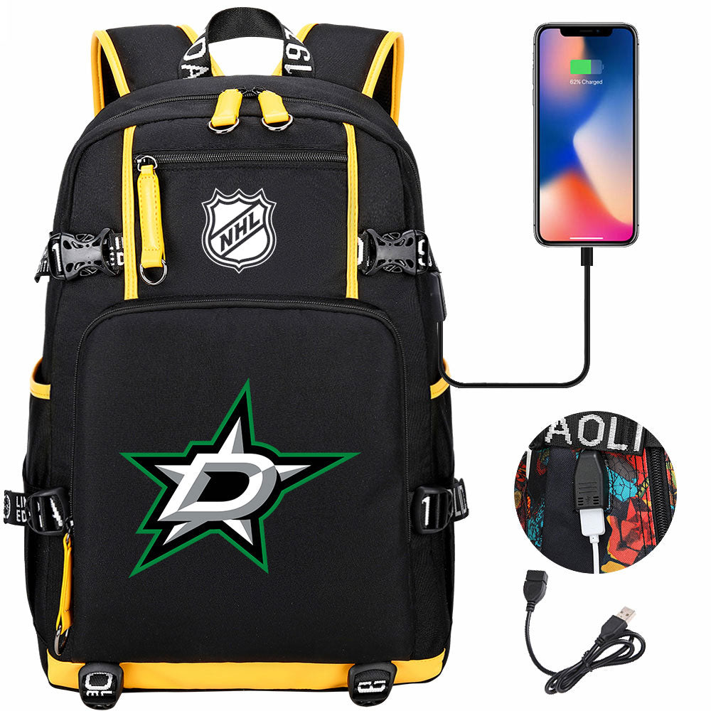 Dallas Stars Hockey League USB Charging Backpack School Notebook Travel Bags