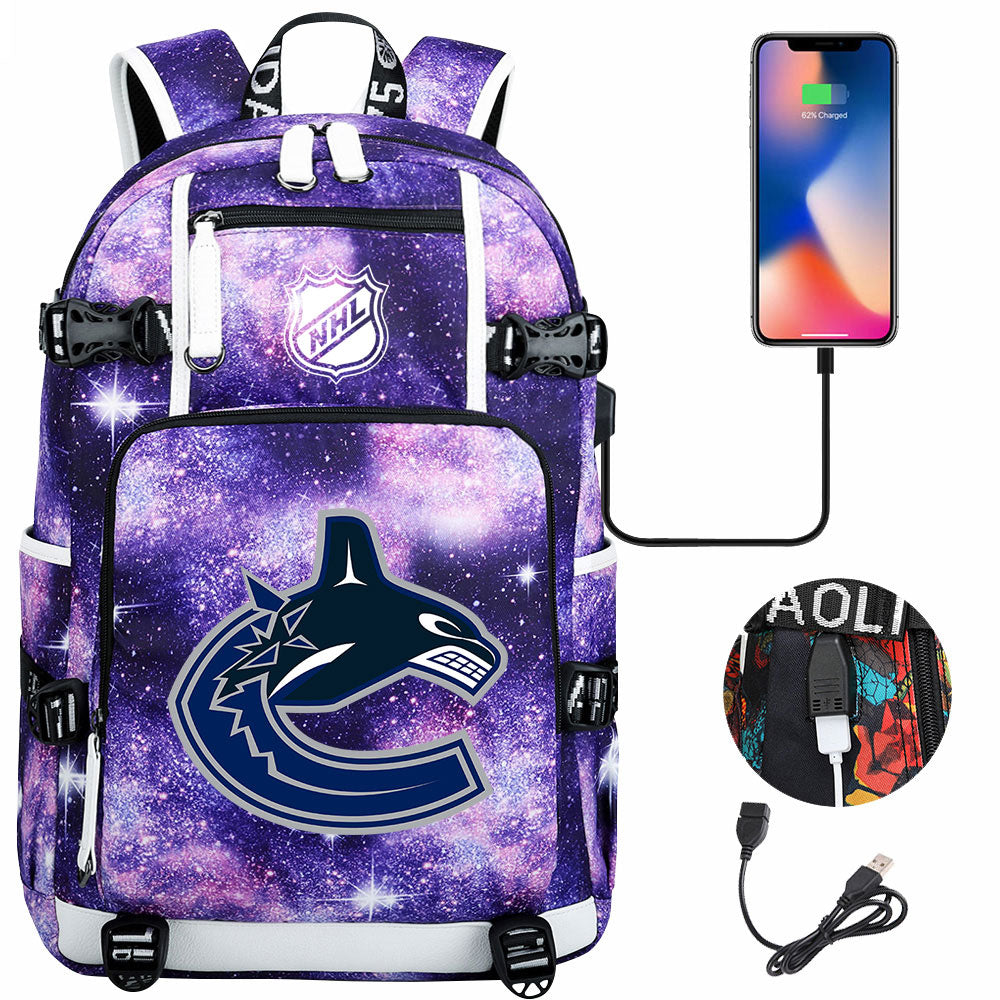 Vancouver Canucks Hockey League USB Charging Backpack School Notebook Travel Bags