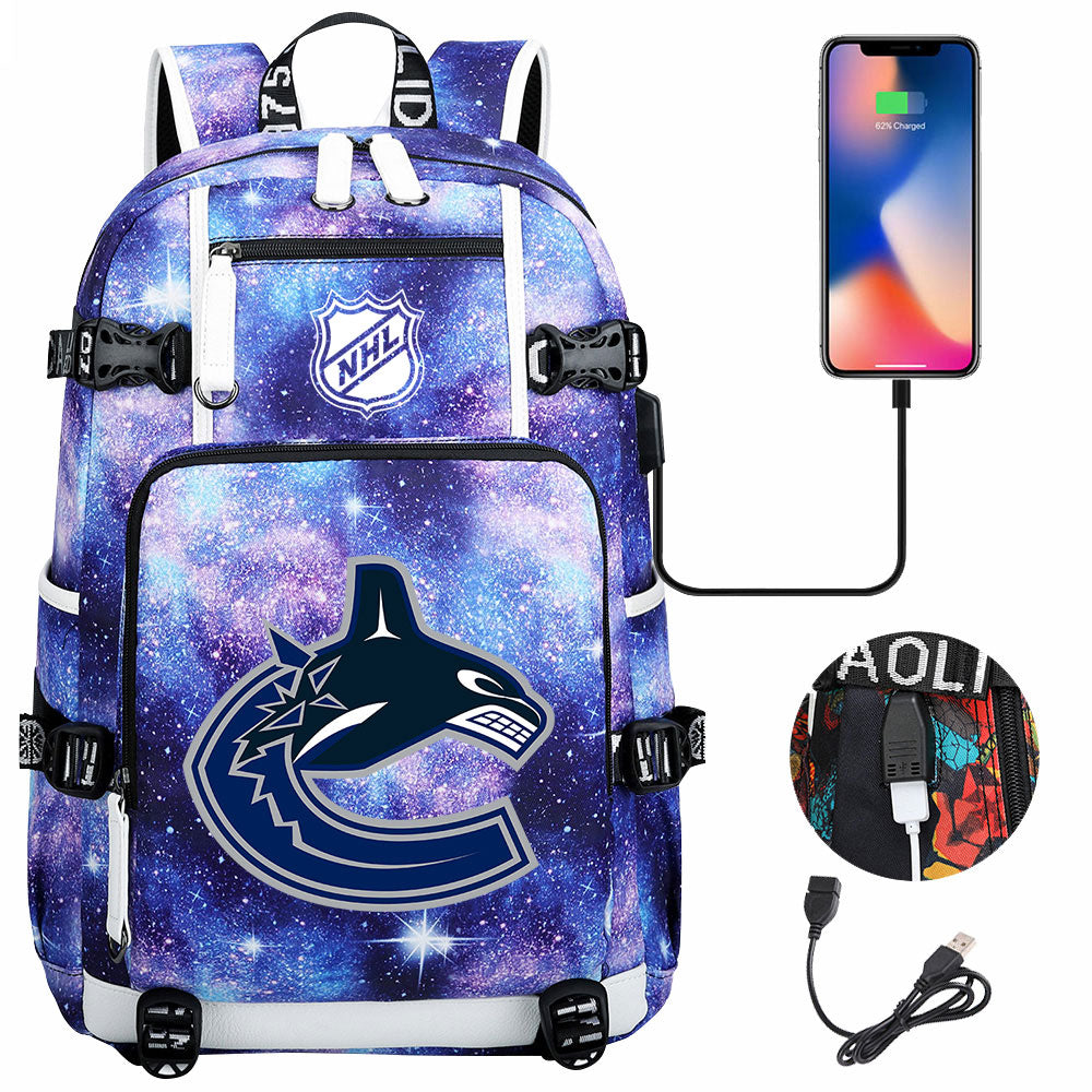 Vancouver Canucks Hockey League USB Charging Backpack School Notebook Travel Bags