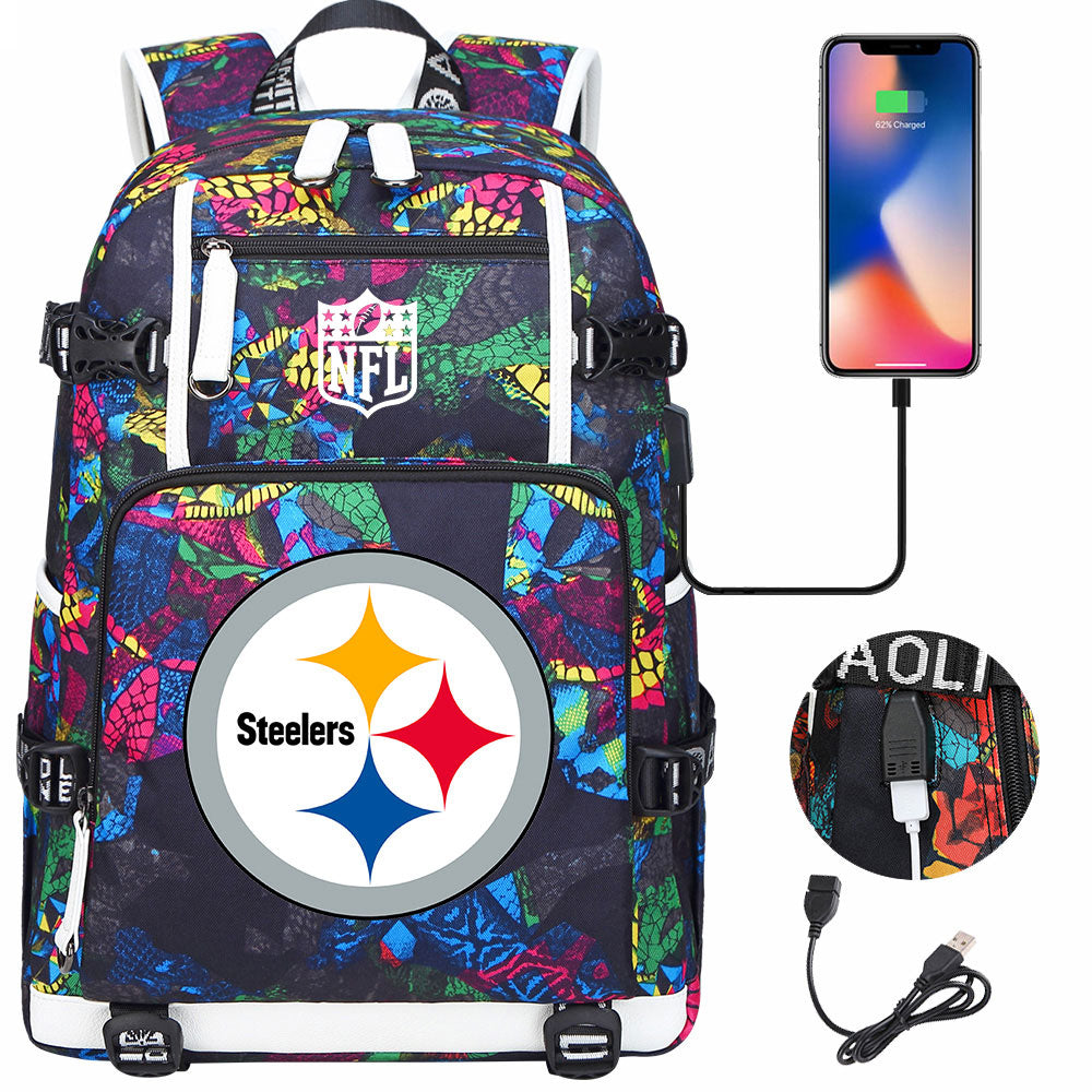 Pittsburgh Steelers Football Team USB Charging Backpack School Notebook Travel Bags