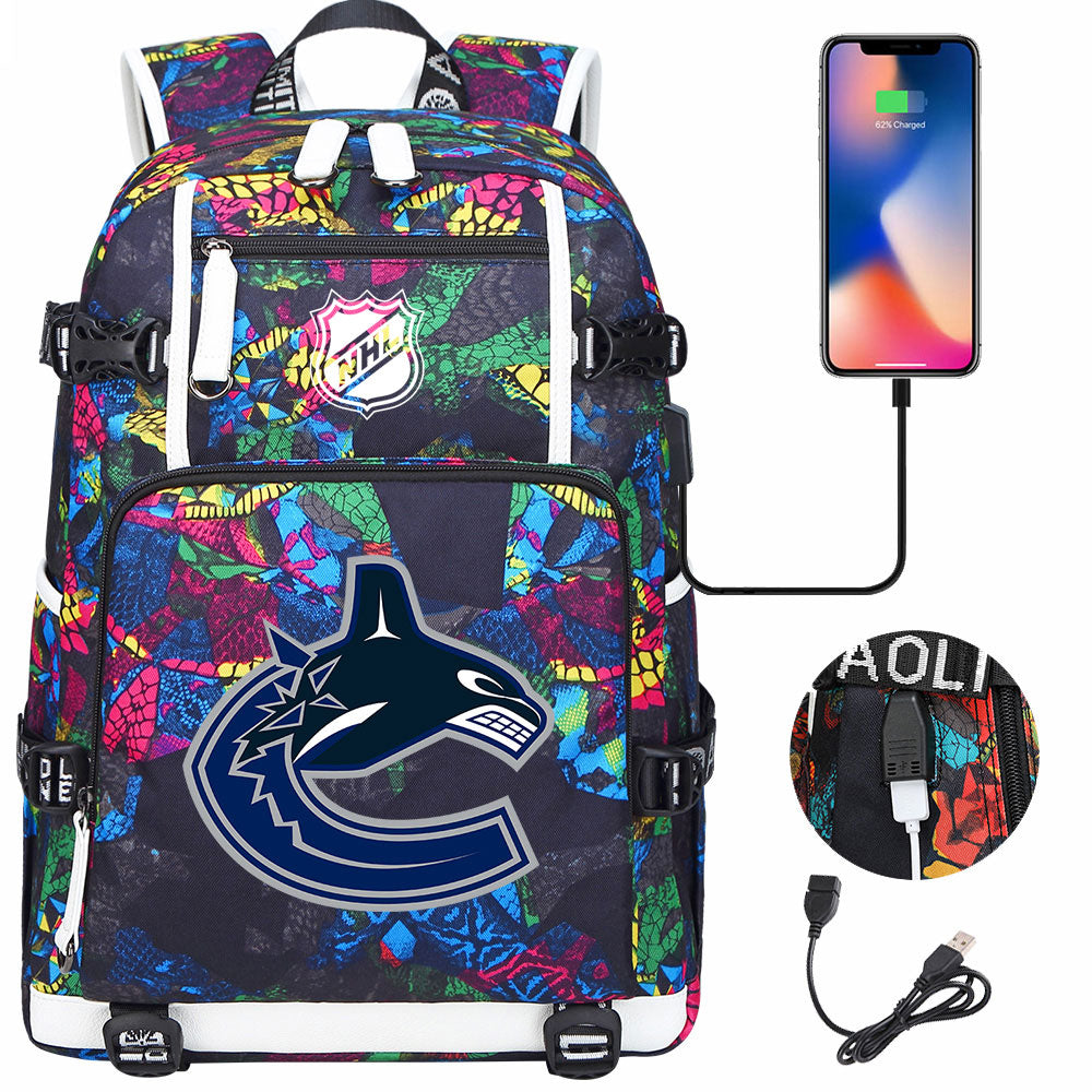 Vancouver Canucks Hockey League USB Charging Backpack School Notebook Travel Bags