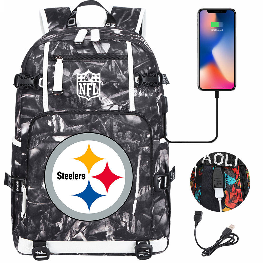 Pittsburgh Steelers Football Team USB Charging Backpack School Notebook Travel Bags