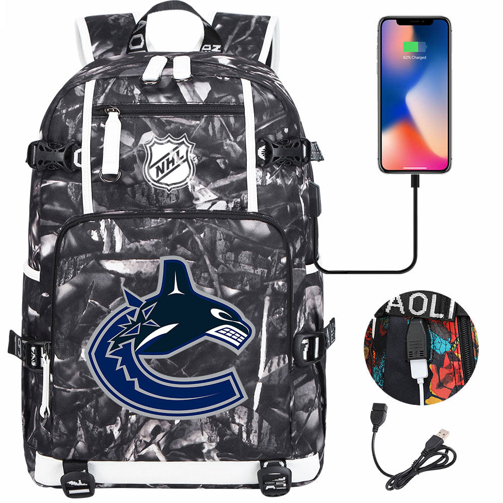 Vancouver Canucks Hockey League USB Charging Backpack School Notebook Travel Bags