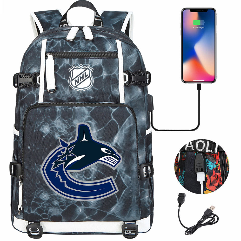 Vancouver Canucks Hockey League USB Charging Backpack School Notebook Travel Bags