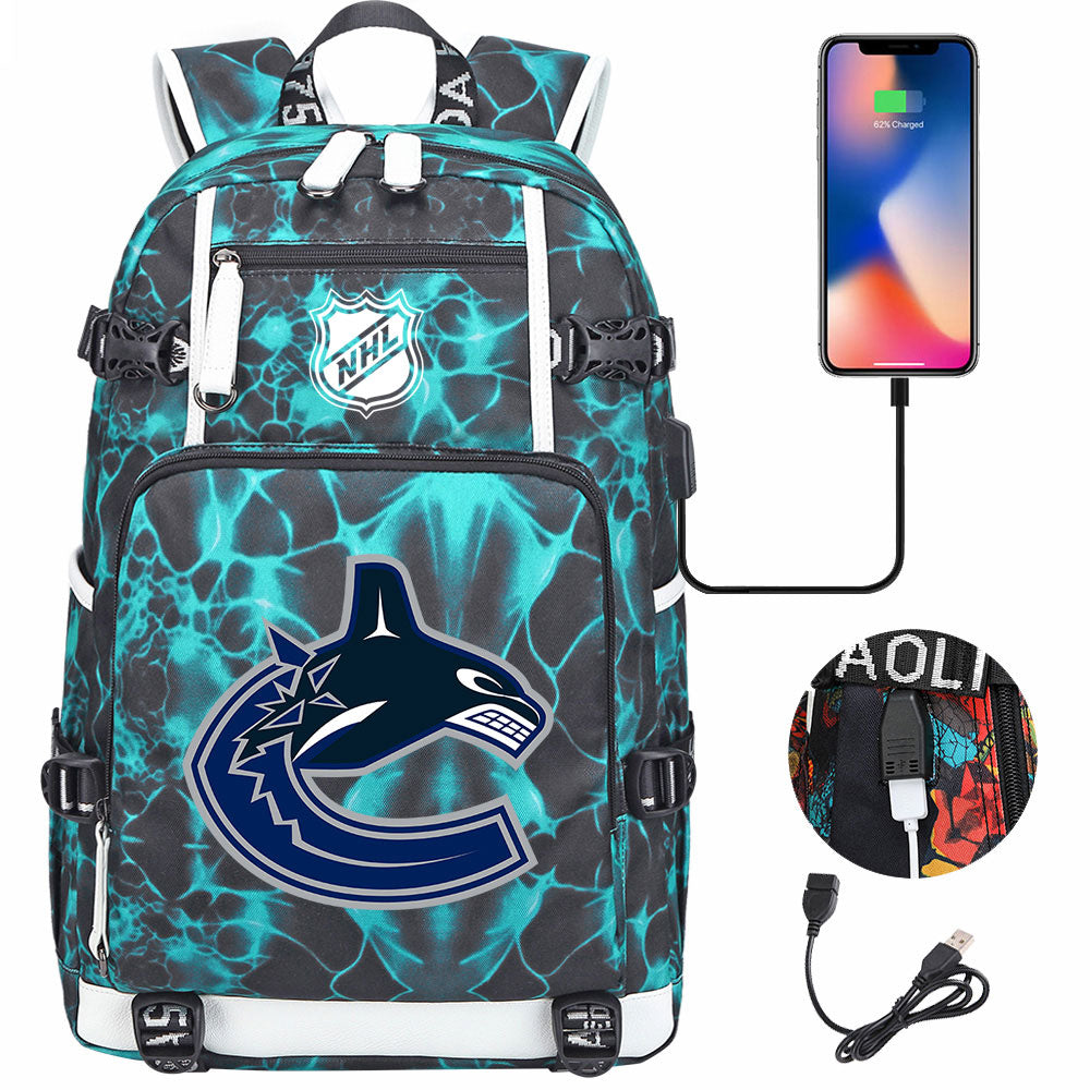 Vancouver Canucks Hockey League USB Charging Backpack School Notebook Travel Bags