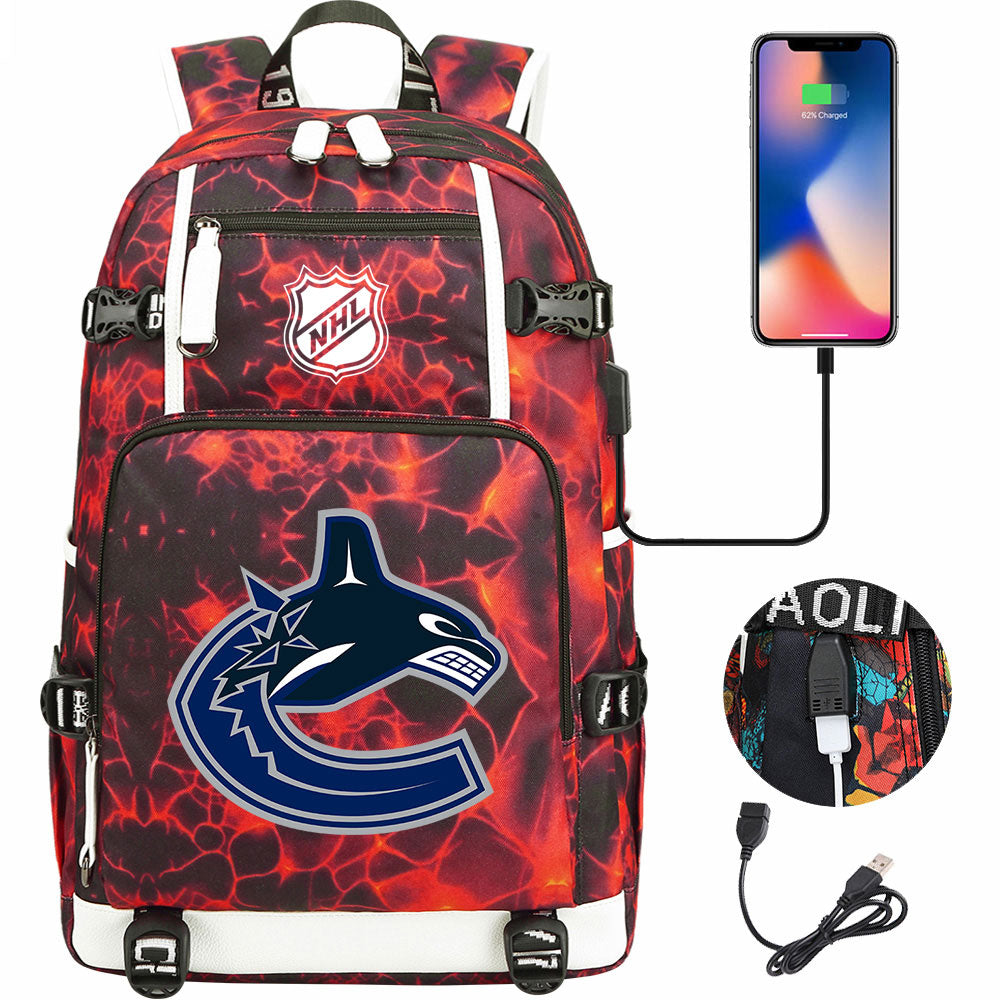 Vancouver Canucks Hockey League USB Charging Backpack School Notebook Travel Bags