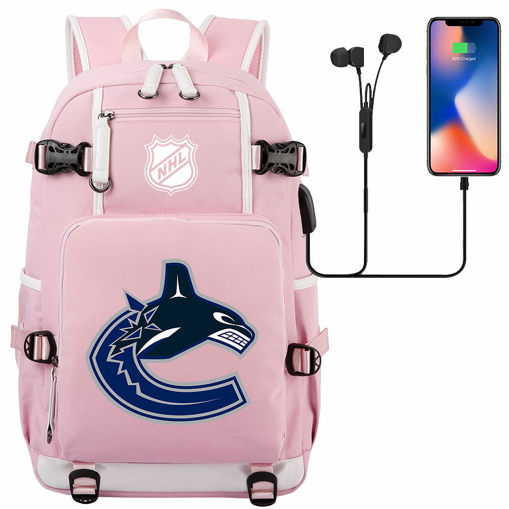 Vancouver Canucks Hockey League USB Charging Backpack School Notebook Travel Bags