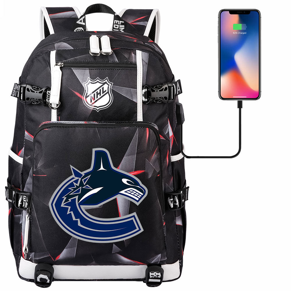 Vancouver Canucks Hockey League USB Charging Backpack School Notebook Travel Bags