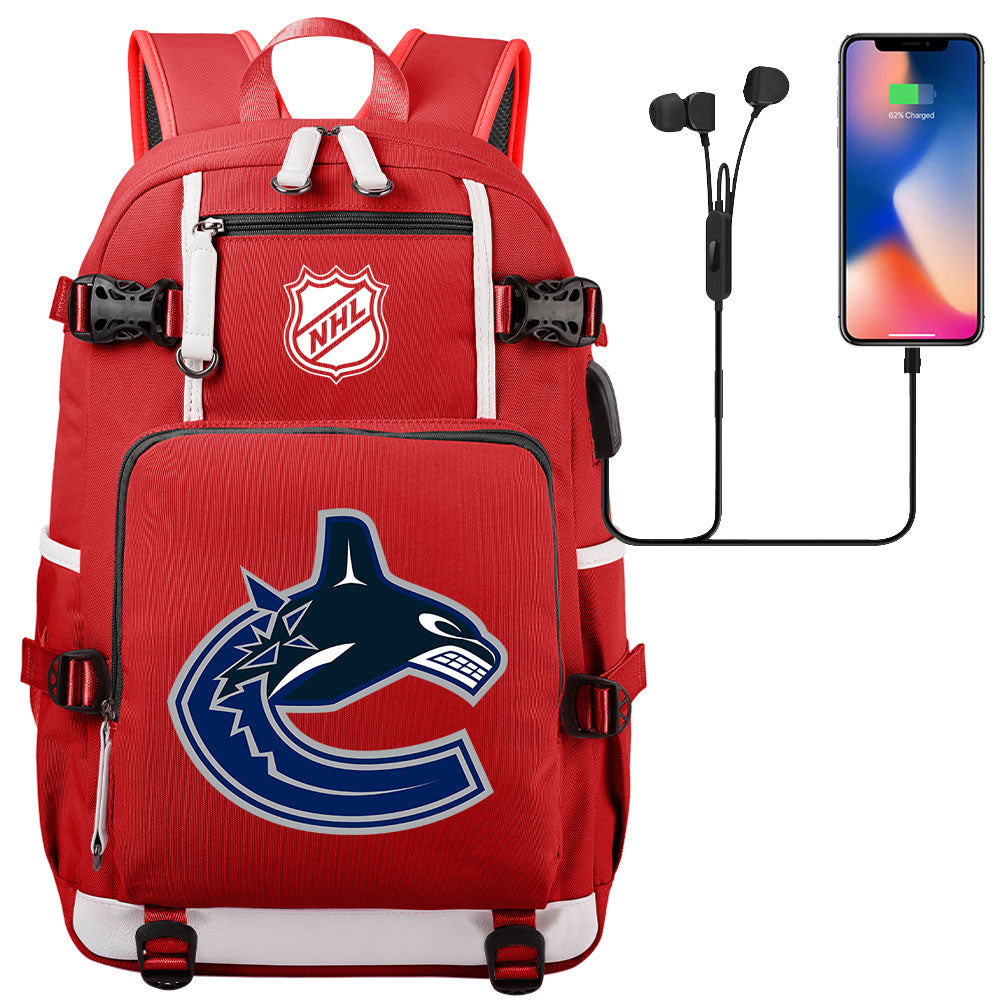 Vancouver Canucks Hockey League USB Charging Backpack School Notebook Travel Bags