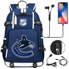 Vancouver Canucks Hockey League USB Charging Backpack School Notebook Travel Bags