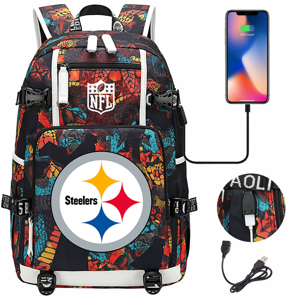 Pittsburgh Steelers Football Team USB Charging Backpack School Notebook Travel Bags