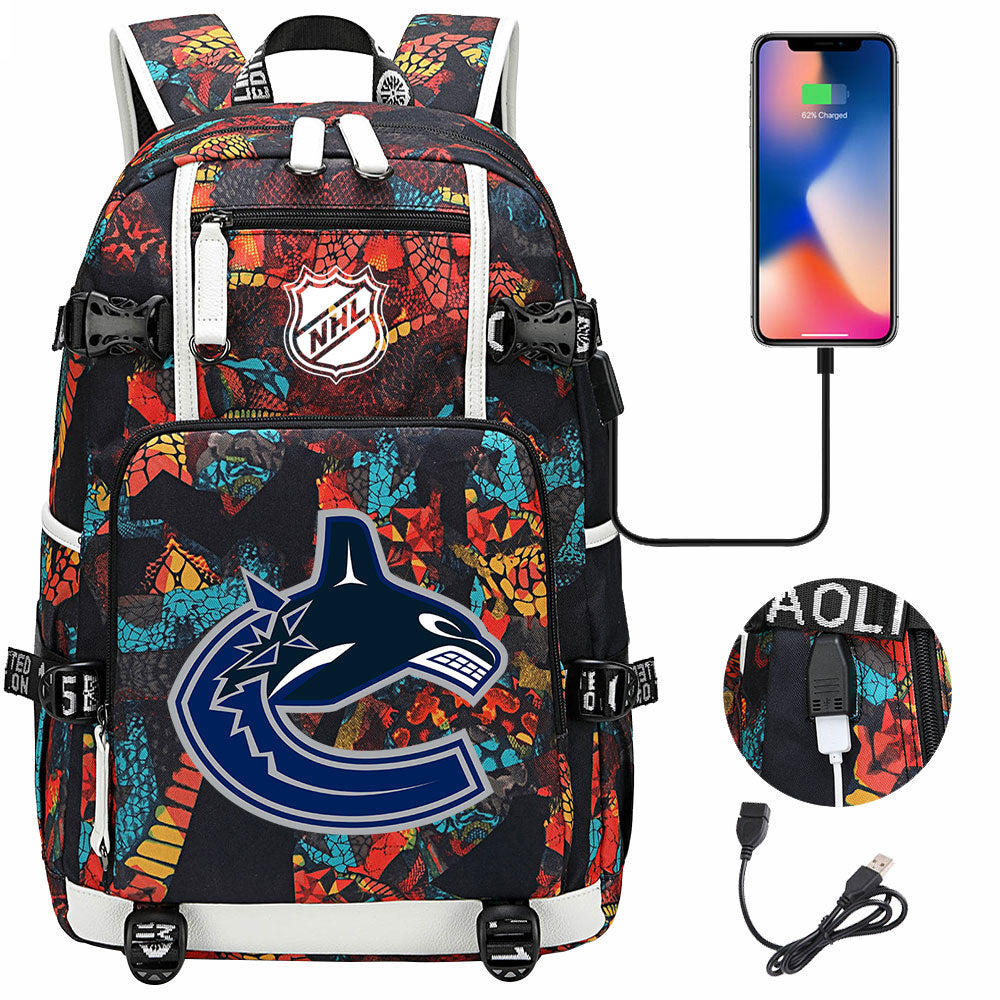 Vancouver Canucks Hockey League USB Charging Backpack School Notebook Travel Bags