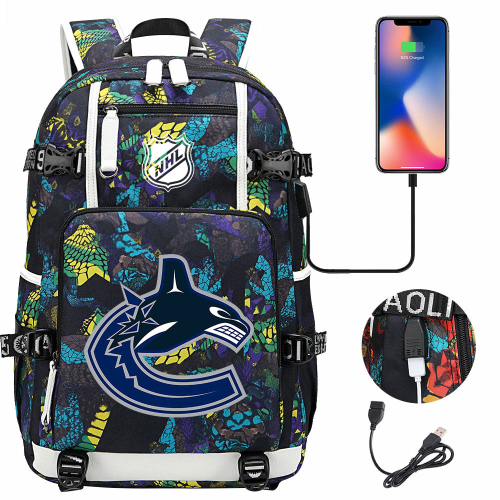 Vancouver Canucks Hockey League USB Charging Backpack School Notebook Travel Bags