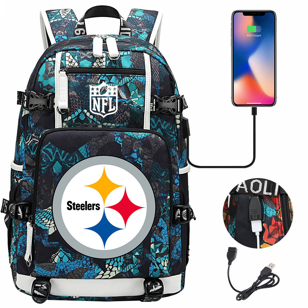 Pittsburgh Steelers Football Team USB Charging Backpack School Notebook Travel Bags