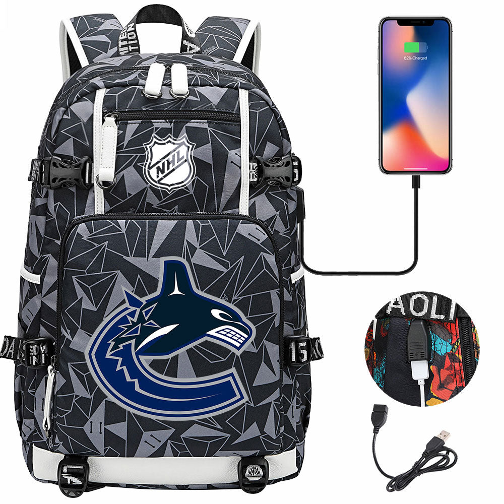 Vancouver Canucks Hockey League USB Charging Backpack School Notebook Travel Bags