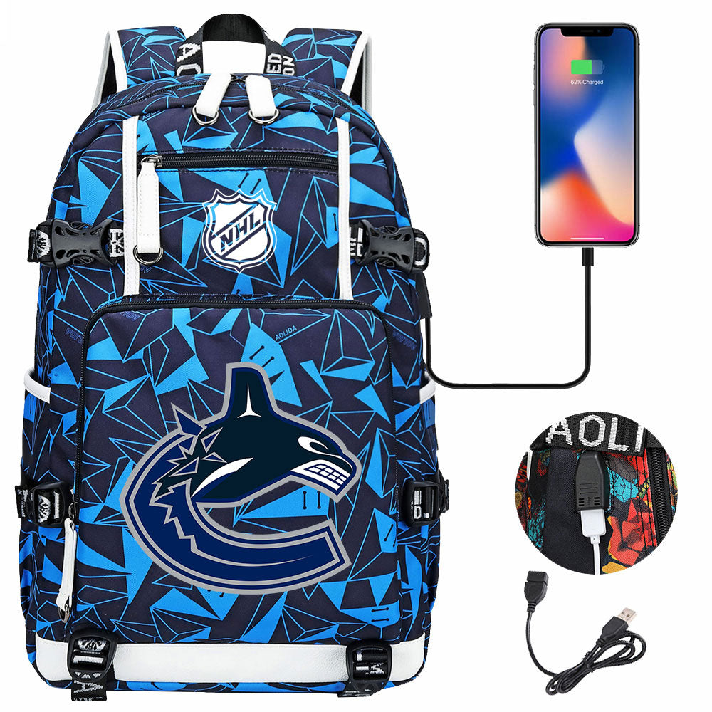 Vancouver Canucks Hockey League USB Charging Backpack School Notebook Travel Bags