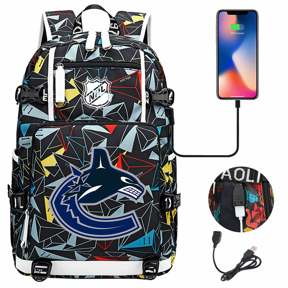 Vancouver Canucks Hockey League USB Charging Backpack School Notebook Travel Bags