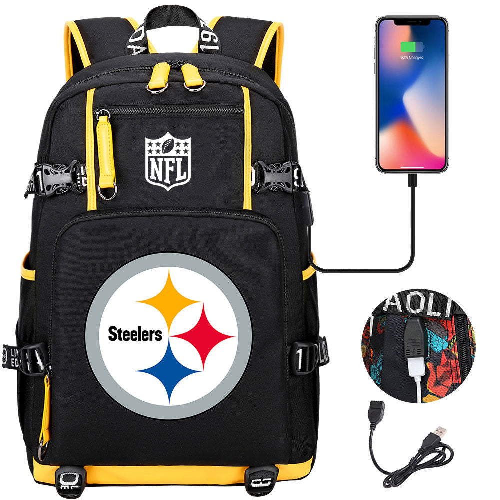 Pittsburgh Steelers Football Team USB Charging Backpack School Notebook Travel Bags