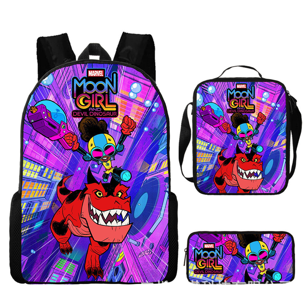 Moon Girl and Devil Dinosaur Full Printed Backpack Schoolbag Travel Notebook Bag Lunch Bag Pencil Bag for Kids Students 3PCS