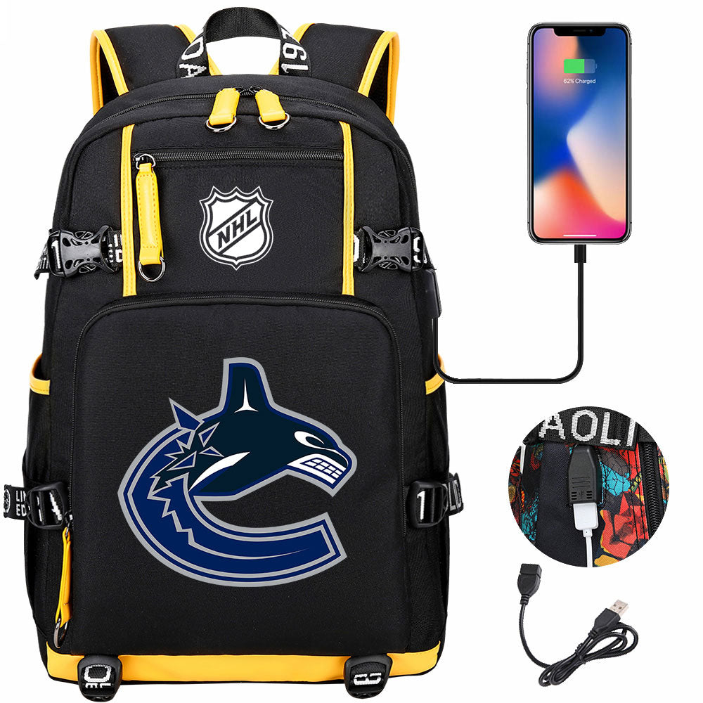 Vancouver Canucks Hockey League USB Charging Backpack School Notebook Travel Bags