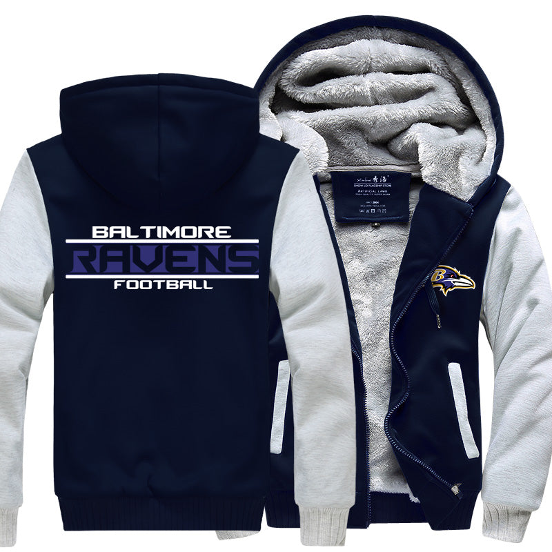Baltimore Football Team Ravens Unisex Lined Hoodie Fleece Sweatshirt Full Zipper Hooded Thicken Jacket