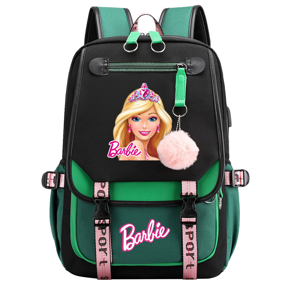 Pink Barbie  Waterproof Backpack School Notebook Travel Bags USB Charging