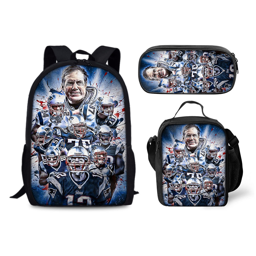 New England Patriots Football Team  Backpack Schoolbag Lunch Bag Pencil Bag for Kids Students 3PCS