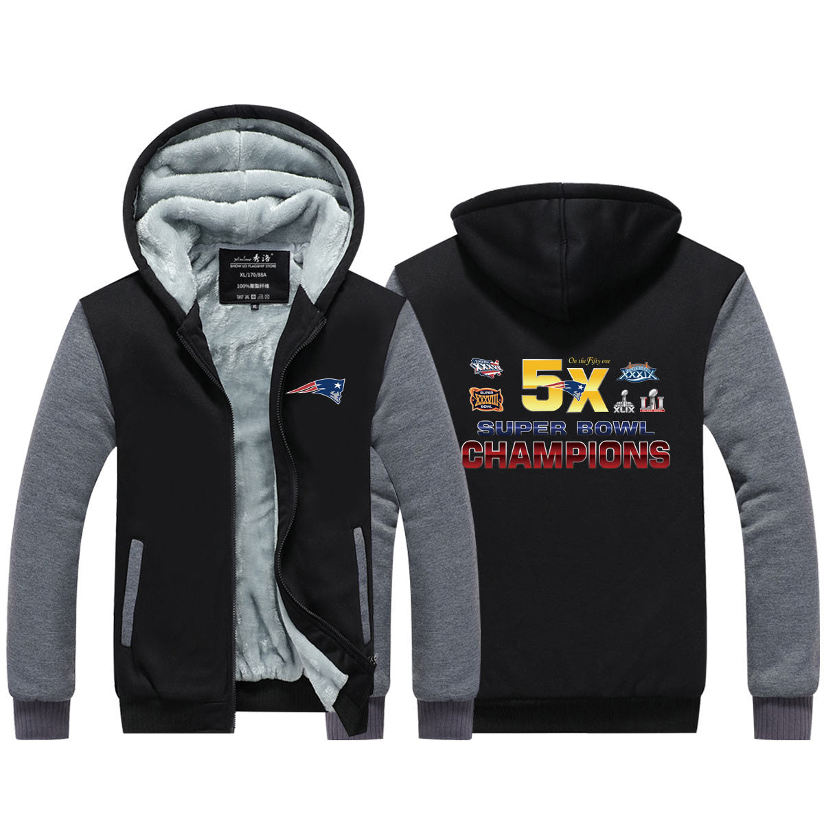 New England  Football Patriots Unisex Lined Hoodie Fleece Sweatshirt Full Zipper Hooded Thicken Jacket
